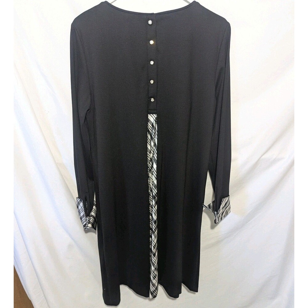 Sara Campbell Black Long Alexis Dress Plaid Silk Back Pleat & Cuffs Rhinestone L